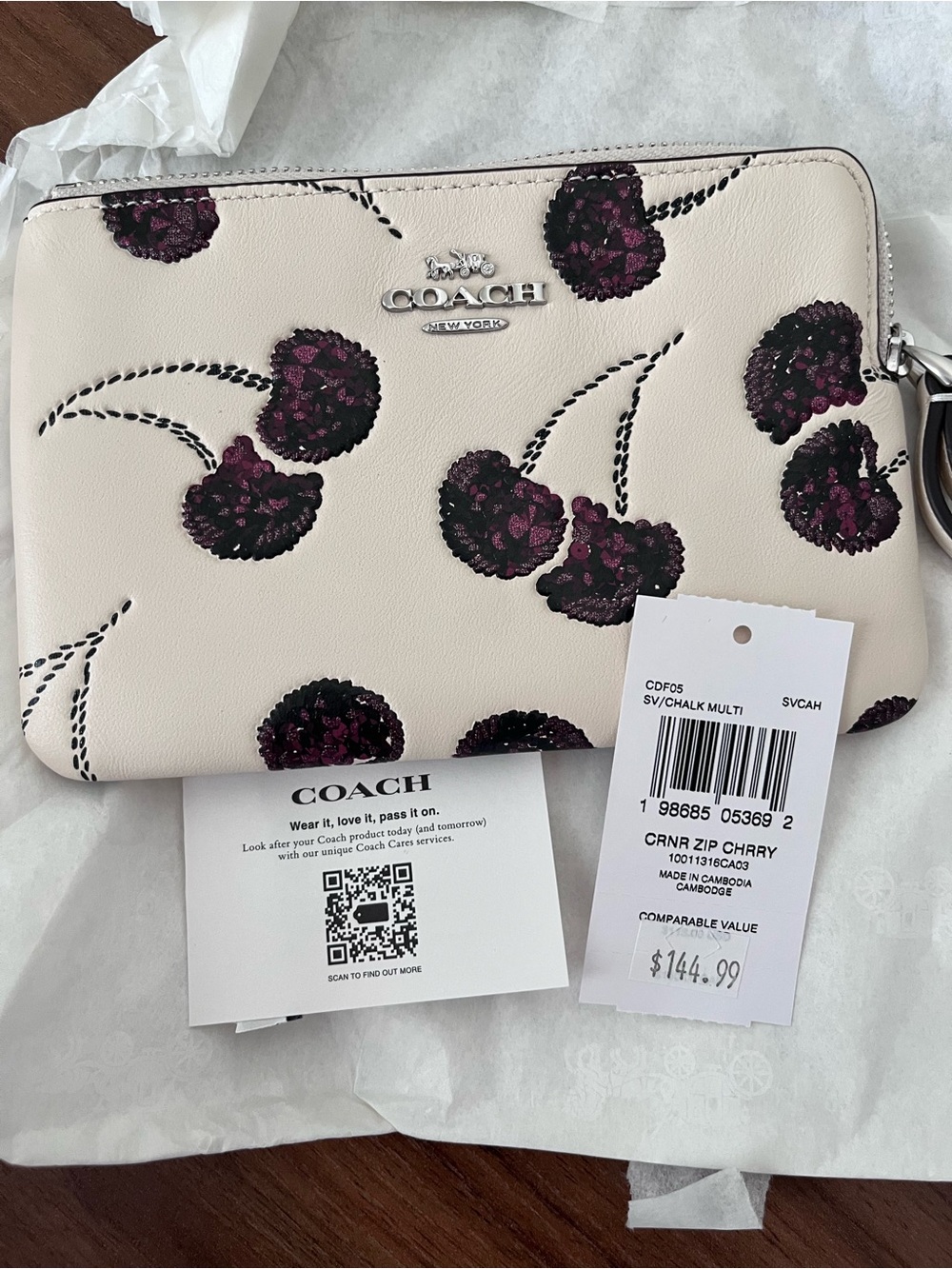 Coach Cherry Print Corner Zip Wristlet Chalk NWT